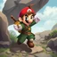 Placeholder: Male Fantasy RPG character, chaabi kawaii mario proportions, lord of the rings inspiration, with a coin held out in front, in a bounding run out from behind a large rock), 3/4 view, isometric game