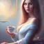 Placeholder: fantasy art, book cover, sexy grown up woman with pale blue eyes drinking tea by the mirror