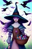 Placeholder: Friendly witch, playing with crows, perfect eyes, pastel colour, chalk, style Elisabeth Kreitz