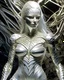 Placeholder: A mesmerizing fusion of intimate abstraction and surreal futurism, depicting a striking female albino figure adorned in a breathtaking silver chrome-scaled suit. The intricate structure of the suit echoes the hyper-fractal nature of a coherent hyper-position lattice, creating a dynamic interplay of light and form that seems almost otherworldly. Her presence is both mysterious and seductive, yet tinged with an innocent vulnerability, as she gazes outward with an expression of deep longing. Ether
