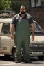 Placeholder: close up photography of an ugly 36 year old chubby robust burly turkish plumber, wearing his work unbuttoned bulging overalls, bulge, leaning with his back to his van, arms folded and emotive look, ajar mouth, hairy chest, , very virile, short black beard, shaved hair, sweat, , in a sunny street, photorealistic , frontal view from the ground