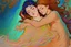 Placeholder: colourful digital painting of beautiful aphrodite full body embracing old man in bedroom, in the style of hokusai and van gogh