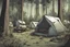 Placeholder: campsite, tents, overgrown, post-apocalyptic, comic book, forest