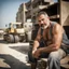 Placeholder: photography of a arab ugly burly serious wet sweaty, beefy strong fat carpenter, shirtless, in short pants, in overall, bulge, manly chest, very hairy, big goatee 50 years old, short hair, sitting with open legs on a little chair , on a construction site in the middle of a road, under the August sun, emotional eyes, , hyper-realistic, photorealistic , frontal view from the ground