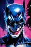 Placeholder: Poster, split in half, one side "batman", other side "joker", midline of the face, painting by Yoji Shinkawa, dark blue and pink detailed iridescent, metallic, translucent, dramatic lighting, hyper futuristic, digital art,