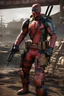 Placeholder: Deadpool in Fallout-style power armor, photorealistic
