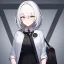 Placeholder: masterpiece, best quality, female, medium hair, white hair, bangs pinned back, grey eyes, {tired expression}, {black circle under eyes}. {Bags under eyes}