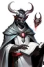 Placeholder: En Young male black skin black hair tiefling Wizard with large horns fra dnd holding a book with Arcane Magic in a silver and White Rope and a silver cloak. His horn a perfectly place on acet from the front to the back pointing upwards with glowing Red cat Eyes. His close is elegant get simple. Holding an ice Crystal in his Right Hand