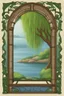 Placeholder: Colorful Logo of a pretty willow tree with long green hanging branches, standing outside a square window with an arch, emphasize the window and arch, serene tranquil background with a body of water.