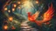 Placeholder: Slavic mythology fantasy illustration for bedtime story: enchanting garden with lush greenery and a beautiful stone winding path, with small tiny lanterns in the trees. Depict only one creature the Firebird. The feathers of the Firebird are vibrant red, orange, and gold, each one glowing with an otherworldly brilliance.