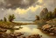 Placeholder: Cloudy day, lake, rocks, begginer's landscape, 2000's sci-fi movies influence, friedrich eckenfelder, and pieter franciscus dierckx impressionism paintings