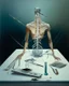 Placeholder: human body, universe-like table,complex surgical instruments mixed with human body-like musical instruments,minimalism,Painting By Adrian Ghenie, Rene Magritte, Lucian Freud