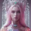 Placeholder: A portrait of a crystalised queen, atmospheric, realistic, unreal engine, cinematic lighting, octane render, transparent, pink turquoise light, long blond hair, pink lips, extremely sharp detail, finely tuned detail, ultra high definition, 8 k, unreal engine 5, ultra sharp focus, accurate sword wings, positive smile, highlight luminous suit blue and pink