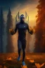 Placeholder: running alien portrait , black jogging suite , in the sunset Alps, golden light , holding leaves and flowers , angels background, volumetric light, high detail, dark leaf tree, dark mountains in background, perfect