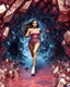 Placeholder: make a picture pretty cave made of crystal and metallic 3d fractal recursive cubic and sphere base structures and a beautiful fashion model lady with cute,curvy long hair,makeup, in pretty sports suit is running inside cave ,dynamic camera fallow her inside cave capturing full body, dynamic lights.