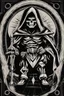 Placeholder: inside a diamond shape, skeletor motu in a black hooded cloak drawn in a retro cartoon style, in a diamond shape on a black background, monochromatic