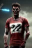 Placeholder: a photorealistic 12k ultra-high-definition rendering of an attractive but mean and cool looking zombie, upclose captured in a dynamic action shot dunking the ball, Wearing a red and white skinny NBA shirt with nail scratch marks, a cool usa sweatband, trendy basketball sneakers, black tights, product photography focus, an explosive and dark background