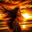 Placeholder: A very scantily clad young woman standing on the beach watching the sunset. The wind is playing with their hair.