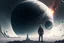 Placeholder: person seeing a grey exoplanet, sci-fi, very epic