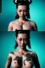 Placeholder: Photo Studio portrait, Asian woman samurai, yakuza body tattoos :: symmetry photography, cyberpunk style :: latex dress, japanese traditional ornaments, red, white, black, led wires, glow eyes, cinematic, Ultra realistic, dark scene, wide angle view, soft color, highly detailed, unreal engine 5, RTX, ultra detail, 3d, finely drawn, high definition.