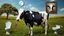 Placeholder: The image features a surreal landscape with a black and white cow that has a circular cutout in its side. The background includes imaginative elements like a tree, a moon in the sky, and a framed image of another cow. The setting has green grass, a flower, and unusual objects like a toilet and a basin, contributing to the dreamlike atmosphere.