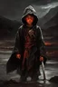 Placeholder: A formidable warrior-a 10-year-old boy in a black robe with a hood, on the background Amazing gloomy landscape, flooded with sunset, mountains, trees, fabulous scary hero, , juicy emotions, painting, dark fantasy, bad weather, gloomy day, dark world, by Raymond Swanland & Alyssa Monks & Anna Razumovskaya & James Paick