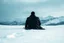 Placeholder: in the distance a figure in dark clothes and long black leather coat lies on his back in the snow and looks the sky in a winter landscape, alone, white snow, high contrast, cold, winter, mountains, white, blue, gray and black colors, cinematic, atmospheric, dark, gloomy, best shot