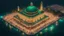 Placeholder: Hyper Realistic Aerial View of Lots of people worshiping outside a Huge-Beautifully-Crafted-Green-Mosque decorated with garland-lights & lamps between an island with ocean-water-waves at night with dramatic-&-cinematic-ambiance