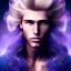 Placeholder: smiling beautifull long hair blond man face with cristal diamond on the forehead and cosmic purple and blue sky behind