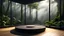 Placeholder: meditation rood podium , meditation minimalistic corner. design wood, View from large bay windows throughout from the large bay windows extends through the jungle forest. night landscape. The fragrant smoke of meditation wakes me up in my dreams. that trembles in the embrace of the black My With dreams. Akashic Records