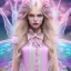 Placeholder: beautiful, soft, big smile face, whole head, long straight blonde hair blues eyes, crown on the head, clothing in transparent bluish and pink veil,fairy wings on the back, background brillante bluish and pink, hight definition, 8K