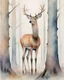 Placeholder: deer with antlers standing sideways, looking at viewer, realistic water color painted, among tall simplified tree trunks, foggy, pastels, colorful