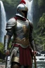 Placeholder: Roman knight in Spartan armor close-up, in the Amazon River Gorge, against a waterfall, 8k ultra realistic, photorealistic, photography lighting, reflection mapping, ultra detailed, photorealistic, cinematic, movie quality rendering, vfx post production, rtx ray tracing lighting, --ar 4:5