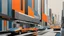 Placeholder: (hustle and bustle:55), loop kick, (deconstruct:28), retro futurism style, urban canyon, centered, great verticals, great parallels, hard edge, colors of metallic orange and metallic steel blue