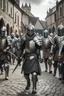 Placeholder: Fantasy man in rough clothes being escorted by a group of fantasy knights in plate armour in a village square
