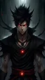 Placeholder: Charming dark fantasy illustration of Hiei, a young demon warrior, standing tall and poised with his slim body. His black tunic contrasted sharply with his spiky black hair, which featured strands of white, and his emotionless red eyes penetrated into the distance. Jagan, the evil eye, adorns his forehead, symbolizing his bond with his sister, Yukina. Releasing his terrifying true form, Hiei's body transforms, covered in countless Jagan faces that reflect his colossal power. A gloomy, stormy sky