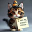 Placeholder: A small, fluffy Halloween cat with prominent whiskers and large ears and hat stands on her paws. Her fur is black and white, with a light brown center and dark edges. The cat's expressive, shiny orange eyes give her a soulful look, and her mouth is slightly open. She is holding a cream-colored sign with "I need my mouse..." in black handwritten cursive and a small mouse. The cat's pink nose adds a splash of color to the image.