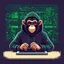Placeholder: A grinning Monkey sitting in front of a laptop, hacking systems, wearing a hoodie and sunglasses. Matrix in background. Pixel Art. Profile Picture. Avatar. Pixel