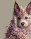 Placeholder: Ultra realistc natural baby dog in white dress with white hair. Around lilac, indigo, bianco giallo and pink natural roses. White backgroung. An intricate detailed white 3D paper patchwork, crown, diadem, fantasy, rose tones, beautiful