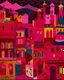 Placeholder: A dark reddish magenta village with torches designed in Moroccan rug art painted by Stuart Davis