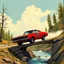 Placeholder: golden age of comic rendering, dramatic angle of dukes of hazard's general lee - 1969 red dodge charger with "01" on side jumping over a small river from a downed bridge