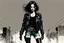 Placeholder: Create and fine print full body illustration of a Goth Girl with finely lined and detailed facial features in a battered leather jacket adorned with patches from countless encounters, torn black skirt ,battered combat boots, , in the graphic novel style of Bill Sienkiewicz, and Jean Giraud Moebius, precisely drawn, colored and inked