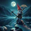 Placeholder: airbrush and pen outline, close up on portrait of a glittering Deep Gnome (Svirfneblin) holding huge pickaxe balancing on frozen bridge pond, huge mountains and moon reflecting on pond, goa psy ambient in the style of vangelis and fsol, source vibrations, bokeh like f/0.8, tilt-shift lens 8k, high detail, smooth render, down-light, unreal engine, prize winning