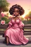 Placeholder: A curvy chibi cartoon black woman sitting on a park bench, facing the sunset. She has brown eyes accentuated by dramatic makeup. Her brown hair is done up in an elaborate curled twist. She sits slightly angled, wearing a flowing pink maxi dress with tropical flowers that seems to flutter in the gentle breeze.