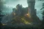 Placeholder: Overgrown castle ruins deep in a dense forest, dark fantasy, moonlight shafts, night time, fireflies