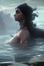 Placeholder: a beautiful woman, long curly black hair,closed eyes,coming from beneath the water,braking the surface with her face just coming out the water,looking up symbolism for breaking free. realistic,8k quality, action close shot from areal view,highly detailed , chaos 80