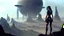 Placeholder: skinny sci-fi girl with long dark hair on an alien planet with tall spires, buildings, bridges, and arches