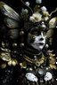 Placeholder: Black and gold bioluminescence gradient bumble bee portrait, textured detailed wings, adorned with bioluminescence malachit eyes colour rococo style black and white and Golden dust pearls, beads and black diamond headdress and masque, black lily florals, organic bio spinal ribbed detail of detailed creative rococo style ornate lwhite colour florwers detailed 3d backgroun background extremely detailed hyperrealistic maximálist concept art