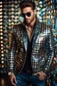 Placeholder: Full body Real photography handsome man super model European on fashion style dressing luxury jacket diamonds patterns,sunglasses,turn on music DJ player in disco club