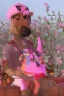 Placeholder: Snoop dogg sitting on a chair. pink houses, pink sky, pink smoke, moon, trees